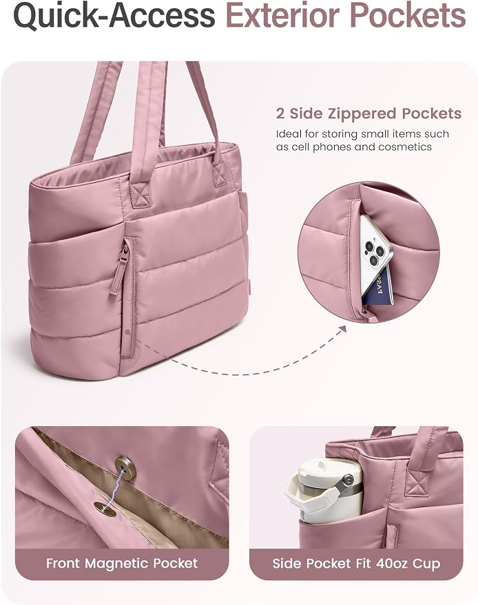 Uselike Tote Bag for Women with Zipper, Quilted Puffer Tote Bag with Compartments, Lightweight Puffy Work Bags for Women - Image 4