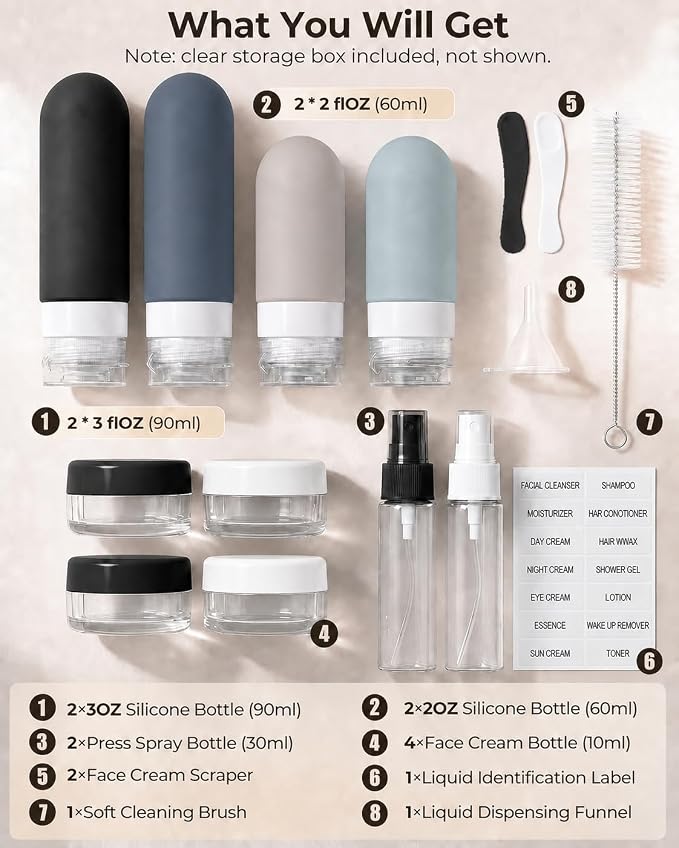 17 Pack Travel Bottles for Toiletries, TSA Approved Leak Proof Silicone Travel Containers for Toiletries with Label-Black+DarkBlue+ DarkGreen+Khaki - Image 2