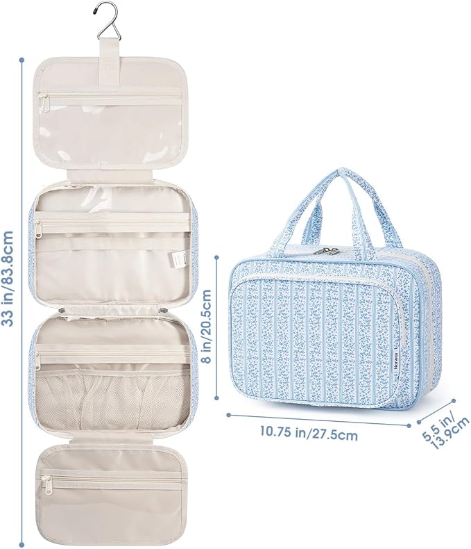 Narwey Hanging Toiletry Bag for Women Travel Makeup Bag Organizer Toiletries Bag for Travel Size Essentials Accessories Cosmetics (Blue Flower Buds (Medium)) - Image 9