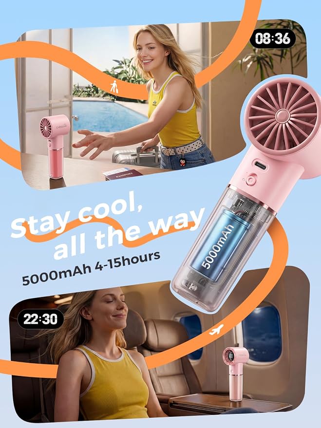 Handheld Portable Fan, 6-Speed Rechargeable Powerful Mini Fan | 5000mAh Battery Up to 15 Hours Runtime, Smart LED Display, Pocket Turbo Personal Fan for Travel, Camping, Makeup - Image 3