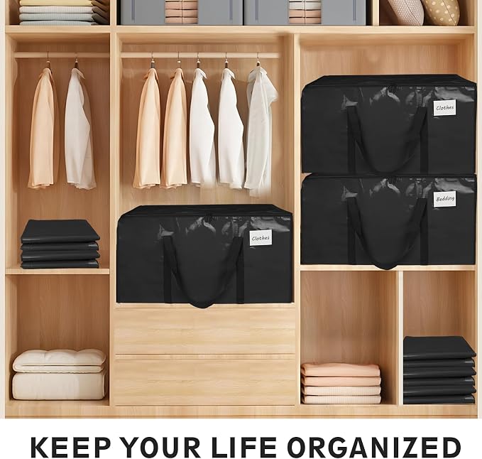 16 Pack-Extra Large Heavy Duty Moving Bags - Waterproof Storage Totes with Handles & Zippers, Foldable for College Dorm, Storage (Black) - Image 5