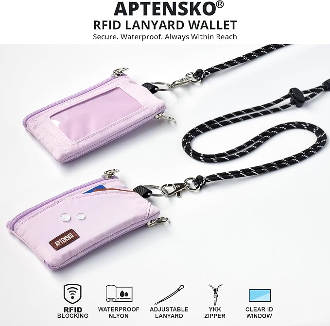 RFID Blocking Travel Wallet with Adjustable Lanyard, Small Nylon Zipper Pouch and Badge Holder for ID, Credit Cards, Cash, Keys, Commuters (Soft Lilac) - Image 2