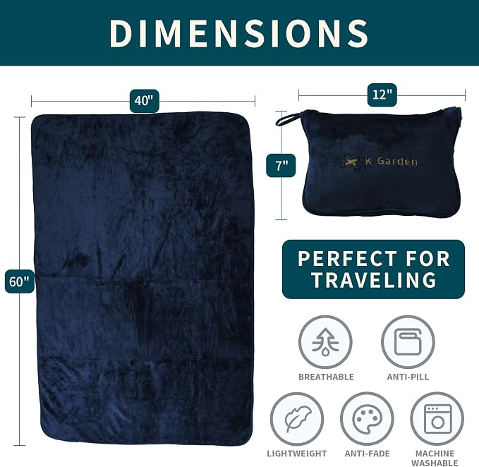 Travel Blanket Airplane Compact with Bag Soft 2 in 1 Travel Pillow and Blanket Set Car Pillow Travelers Gifts Accessories Compact Pack Blanket for Any Travel with Luggage Backpack Strap,Dark Blue - Image 3