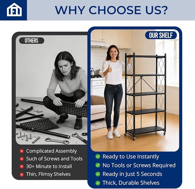 5 Tier Foldable Storage Shelf with Wheels, Heavy-Duty Metal Shelving Unit, No Assembly Book Shelf Rolling Storage Rack for Garage, Kitchen, Pantry, Closet, Exhibition, Office Decor, Black - Image 7