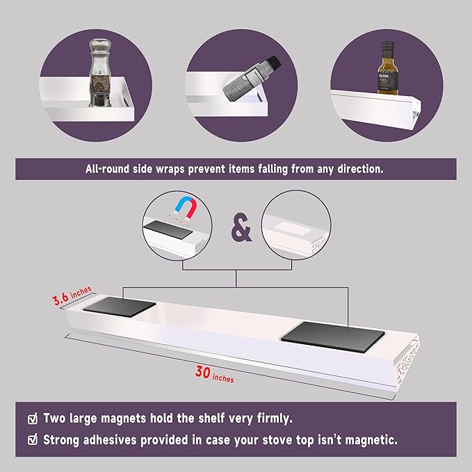 STUTOV 30" Magnetic Stove Top Shelf – Magnetic White Spice Rack and Seasoning Organizer – Kitchen Shelf for Back of Stove – Over Stove Storage Organizer - Image 5