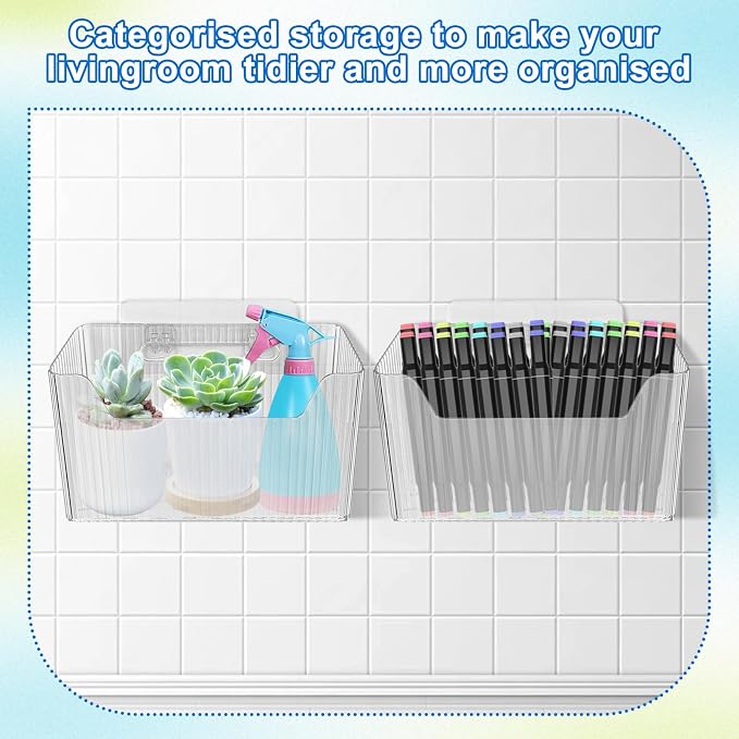 6Pcs Storage Organizer Bins Wall Mounted Organizer Basket Large Size Clear Plastic Makeup Organizer Adhesive Hanging Bin for Bathroom Kitchen Pantry - Image 6