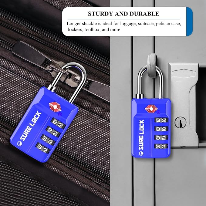 SURE LOCK TSA Approved 4-Digit Resettable Combination Luggage Locks with Open Alert, Easy-Read Dials - for Luggage, School Lockers, Gym, Office, Toolbox & Security Cases(Blue 2 Pack) - Image 5