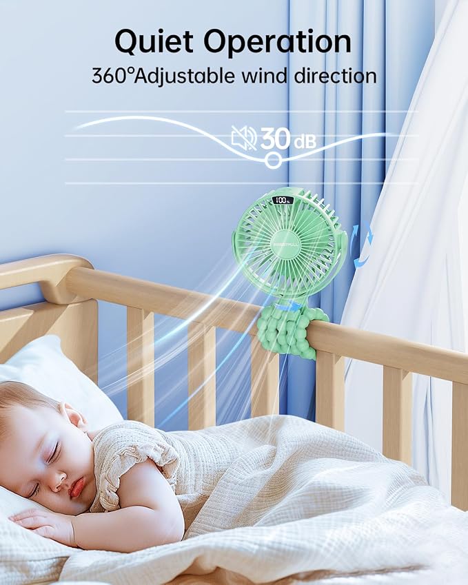 SWEETFULL Portable Stroller Fan with LED Display, 4 Speed Rechargeable Mini Clip On Fan, 360° Rotate Flexible Tripod Better Cooling Small Baby Fan for Car Seat Crib Travel Bike Treadmill (Green) - Image 4