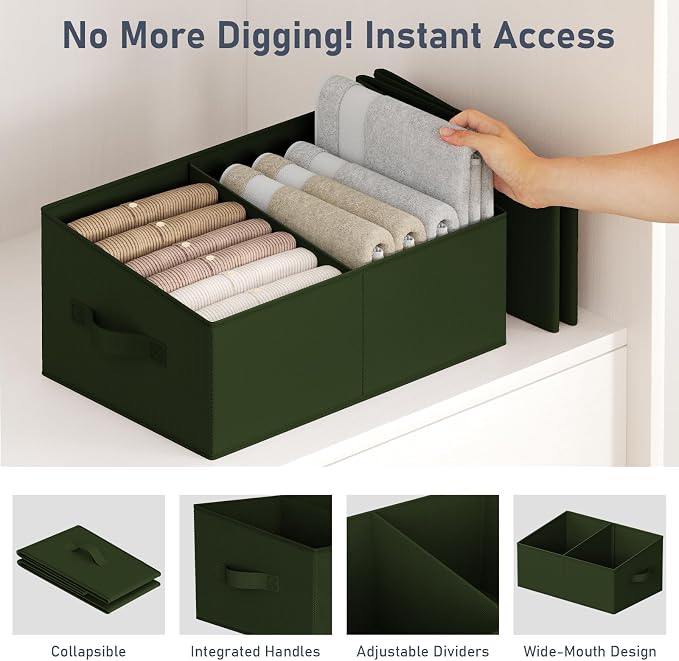 DIMJ Large Closet Shelf Organizer Bins 8 Packs with Handles and Divider, Fabric Trapezoid Storage Baskets, Foldable Clothes Containers Box for Shelf, Towel, Book, Toy, Purse, Hats, Green - Image 4