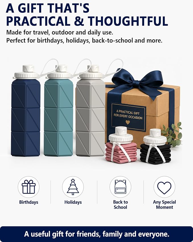 BEAUTAIL Collapsible Water Bottles 21oz/610mL, Silicone Travel Water Bottle | BPA Free, Leakproof & Reusable, Foldable Water Bottle for Traveling, Hiking, Gym, School, Sports, Outdoor, 1-Pack, Dark Blue - Image 8