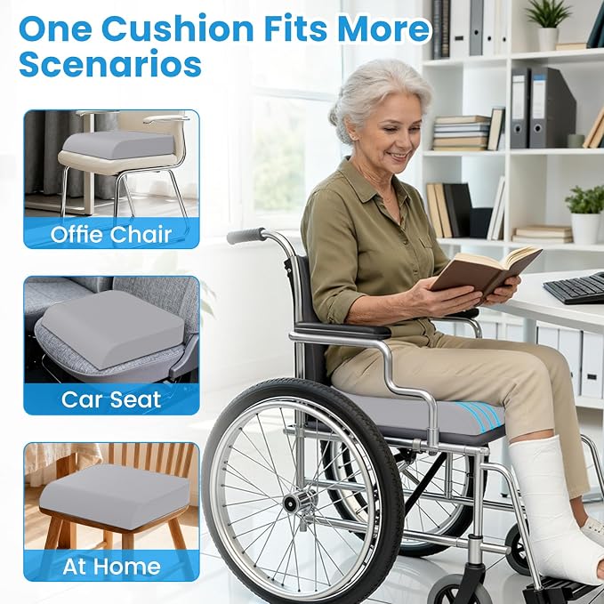 Wheelchair Seat Cushion for Pressure Relief, Cooling Gel Memory Foam Chair Cushion with Slope-Edge Design, Coccyx Support for Tailbone Pain, Non-Slip, for Wheelchairs, Office Chairs, Light Grey - Image 2