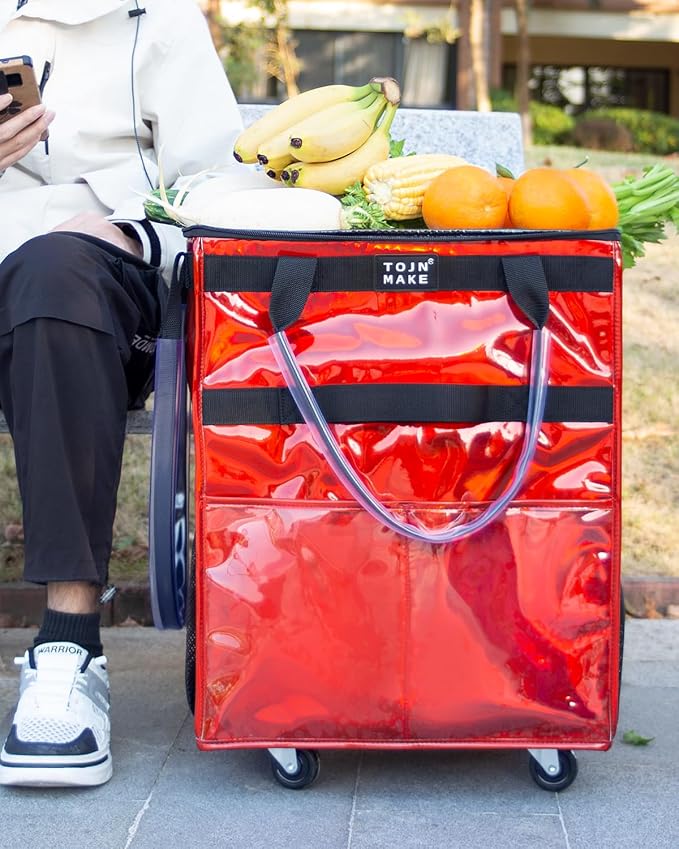 Reusable Grocery Bag with Wheels, Medium Glitter Red Rolling Tote | 8 Pockets, Zipper Cover, Foldable for Women, Kitchen, Travel, Carries Up to 66LBS - Image 2
