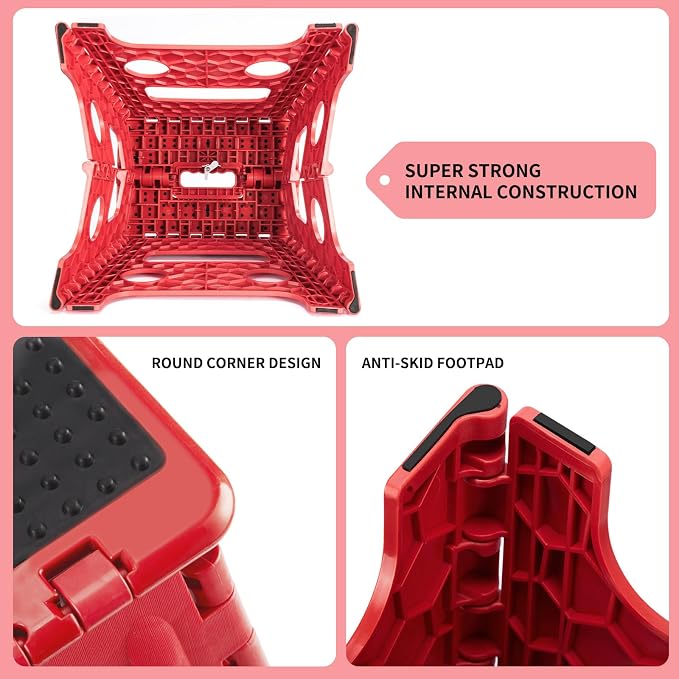 Delxo Folding Step Stool 13 Inch,300 Lbs Step Stool for Adults Red | Foldable Step Stool 13",Non-Slip Foot Stools with Handle,Lightweight Collapsible stools for Kitchen,Bathroom,Bedroom,Garden - Image 6