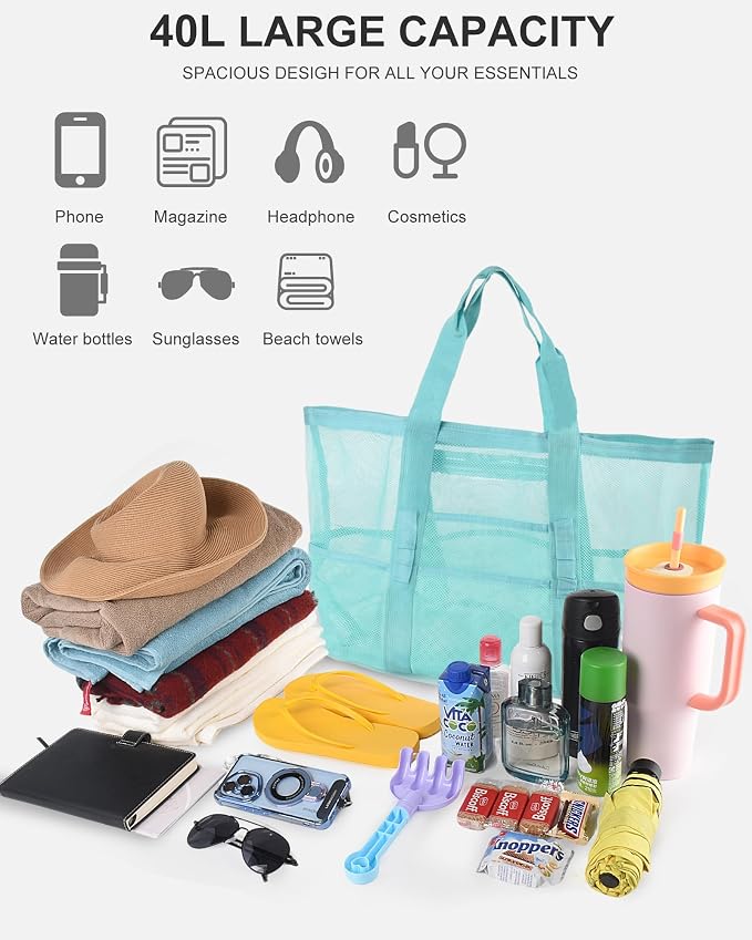 Genteen 40L Mesh Beach Bag, Foldable Sandproof Tote with Waterproof Pocket Quick Dry for Women Family Pool Vacation - Image 6