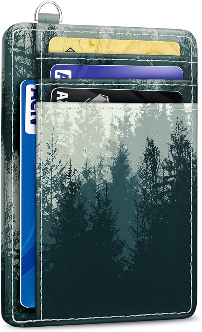Yonlevres Forest Credit Card Holder Slim RFID Wallet Women Small Travel | Front Pocket, Handy, RFID Blocking, Woman Girls Ladies Gifts, D-ring for Keychain,Thin Mini Card Case, ID Window, PU Leather by Yonlevres