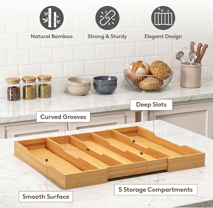 Lifewit Utensil Drawer Organizer, Expandable Kitchen Tool Tray | Wood Adjustable Flatware and Spatula Storage Divider, 11-19.7 x 17 x 1.8“, Natural - Image 9