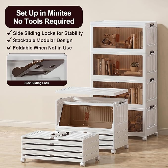 344QT Stackable Storage Bins With Lids, Collapsible Plastic Storage Bins with Wheels and Doors, Foldable Plastic Cabinets for Bedroom Dorm Garage - Image 4