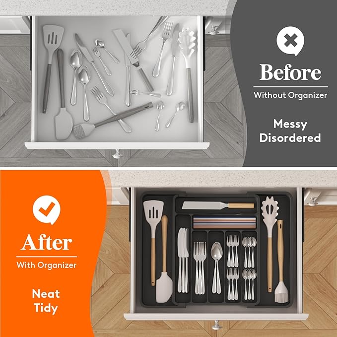 Lifewit Expandable Silverware Drawer Organizer, Kitchen Utensil Tray | BPA-free Plastic Flatware Cutlery Holder, Space-Saving Storage for Spoons Forks Knives, 11.8-19.6 x 15“, Black - Image 8