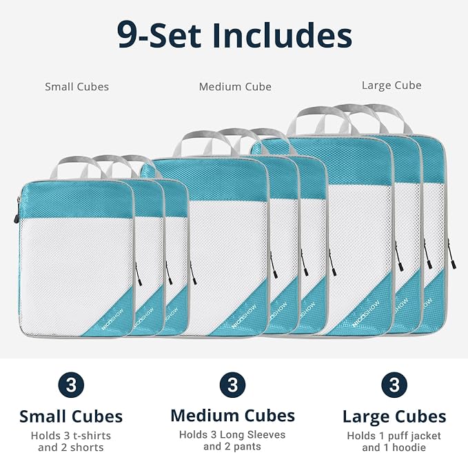 9 Set Compression Packing Cubes for Travel - Compressible, Lightweight, and Space-Saving Packing Cubes, Travel Essentials for Women, Teal - Image 3