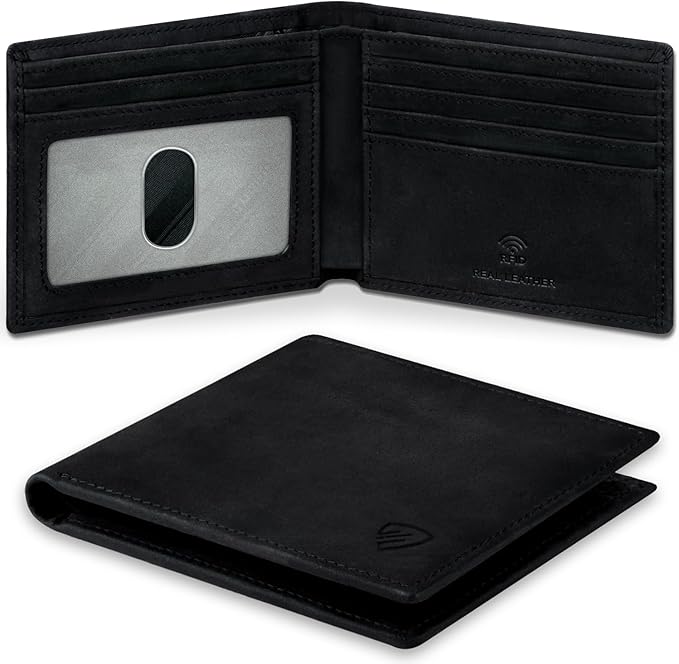 RUNBOX Wallet for Men|Slim Bifold Rfid Blocking Leather Wallet|Front Pocket | Genuine Leather,Handmade,8 Card Slots,ID Window,Money Pocket,Coin Pocket, Gift for Men,Minimalist Compact by RUNBOX