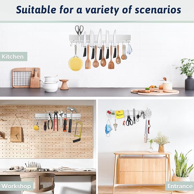 17 Inch Magnetic Knife Holder for Wall - Stainless Steel Knife Magnetic Strip No Drill with 10 Hooks/Adhesive Tape/Screws, Kitchen Utensil Holder, Magnetic Knife Organizer, Wall Mounted Knife Storage - Image 6