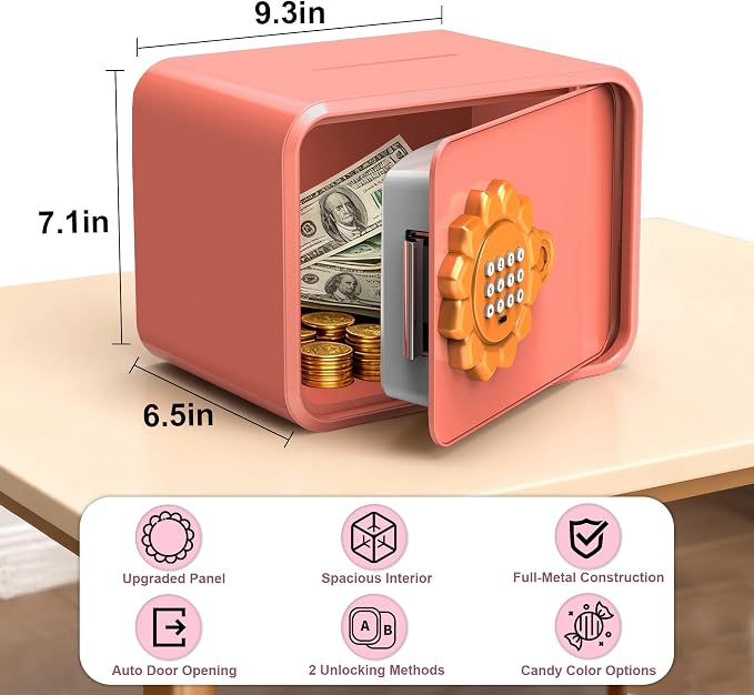 Pink Sunflower Mini Steel Safe with Auto Door & Coin Slot, Small Safe Box for Cash, Jewelry, Personal, Cosmetics & Goal Savings, for Kids, Teens & Renters, Home, Office, Hotel Use - Image 2