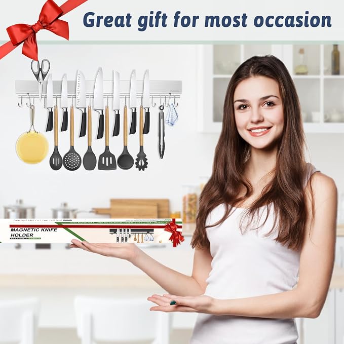 23 Inch Magnetic Knife Holder for Wall - Stainless Steel Magnet Knife Strip No Drill with 15 Hooks/Adhesive Tape/Screws, Kitchen Utensil Holder, Magnetic Knife Organizer, Wall Mounted Knife Storage - Image 7