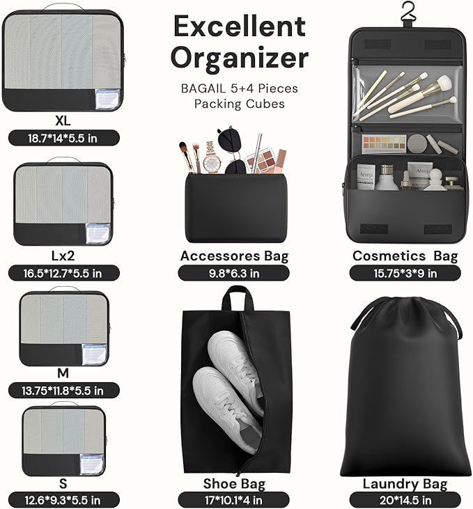 BAGAIL 9 Set Packing Cubes with Packing List Luggage Packing Organizers for Travel Accessories (Black) - Image 3