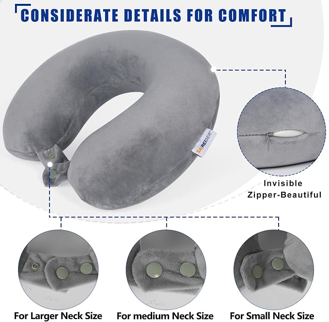SAIREIDER Travel Pillows for Sleeping Airplane 100% Pure Memory Foam Neck Pillow for Airplanes Washable Cover with Storage Bag (Grey) - Image 5
