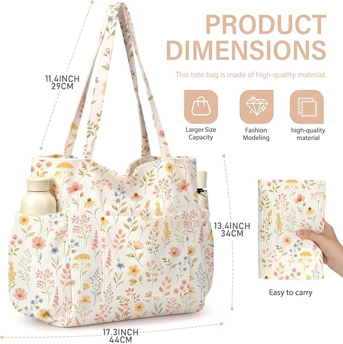 Corduroy Tote Bag for Women,Large Capacity Cute Tote Bags With 6 Pockets,Crossbody Shoulder Handbag for Work Travel Gym - Image 6