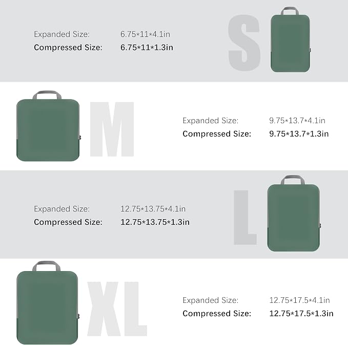 4 Set Compression Packing Cubes Travel - Travel Accessories Expandable Packing Organizers for Carry On - Essentials Luggage Bags - Green - Image 5