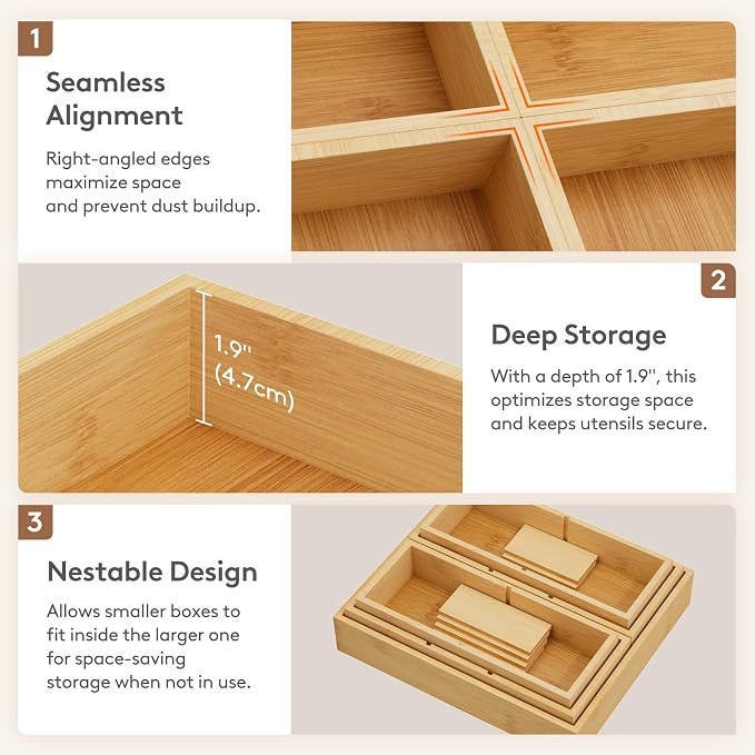 Lifewit Drawer Organizer 15 Pack(33 Grid) with 18 Inserts | Adjustable Bamboo Wooden Trays for Utensils, Silverware, Makeup, Kitchen, Bathroom, Office, Vanity Storage - Image 8
