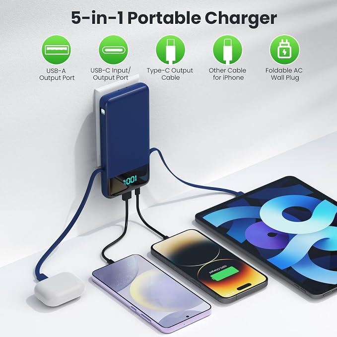Portable Charger with Built-in AC Plug and Cables,13800mAh All in One USB C Fast Charging Power Bank,Travel Essentials Portable Phone Charger Battery Pack for iPhone 17/16/14,Galaxy,Android-Dark Blue - Image 4