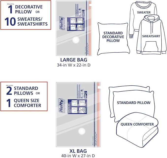 Hefty Shrink-Pak Vacuum Storage Bags - Space Saver for Under Bed Storage, Clothing and Comforters, Odor Resistant, 3X More Storage Space - 3 Large, 3 XL Bags - Image 5