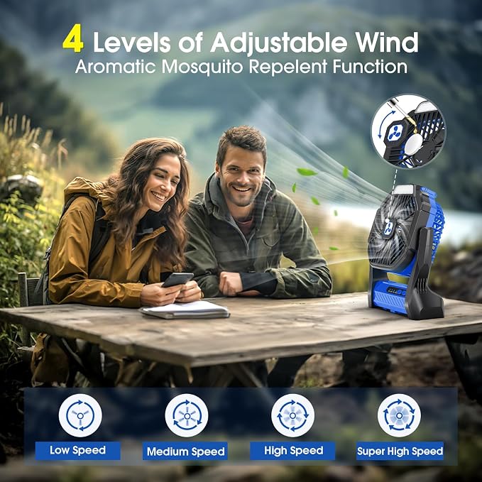 Portable Rechargeable Fan, 20000mAh Cordless Battery Powered Camping Fans | with LED Lantern Operated Outdoor Ventiladores for Travel Tent Camp Fishing Office Home Essentials Blue - Image 3