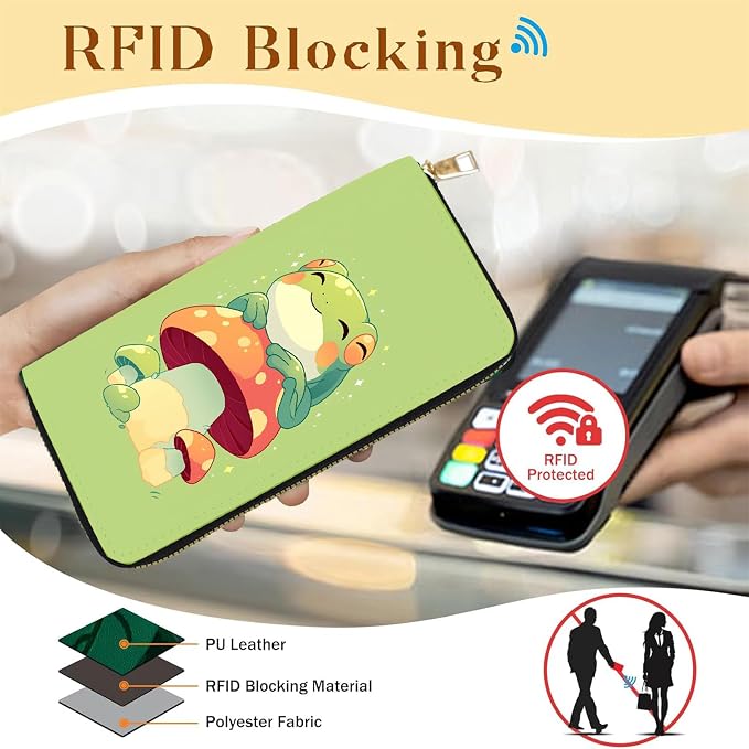 Women's RFID Blocking PU Leather Zip-Around Wallet, Large Capacity Clutch with Phone Holder, Travel Purse & Card Organizer with Removable Wristlet,Cartoon Mushroom Frog - Image 2