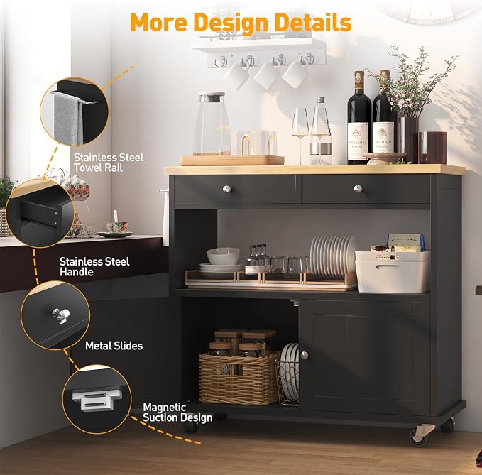 knoworld Rolling Kitchen Island with Storage Cabinet, 35.4'' Width Kitchen Cart, 2 Drawers Island Table, Portable Mobile Kitchen Island with Towel Rack, Wood Top and Lockable Wheels, Black - Image 7