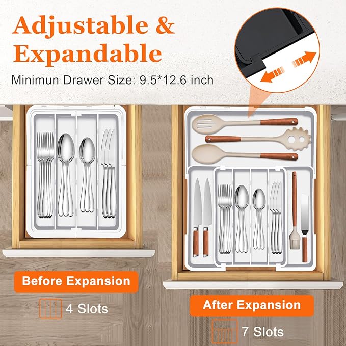 Silverware Drawer Organizer, Adjustable Utensil Tray for Kitchen Drawer, 19 x 15 Inches Flatware and Cutlery Holder, Expandable Plastic Storage for Spoons Forks Knives, 4-7 Slots, White - Image 3