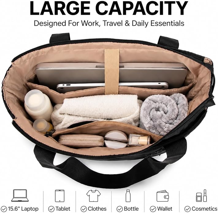 Tote Bag for Women, Lightweight Puffy Tote Bag with Compartments Handbag Fits 15.6'' Laptop for Work, Gym, Shopping - Image 3