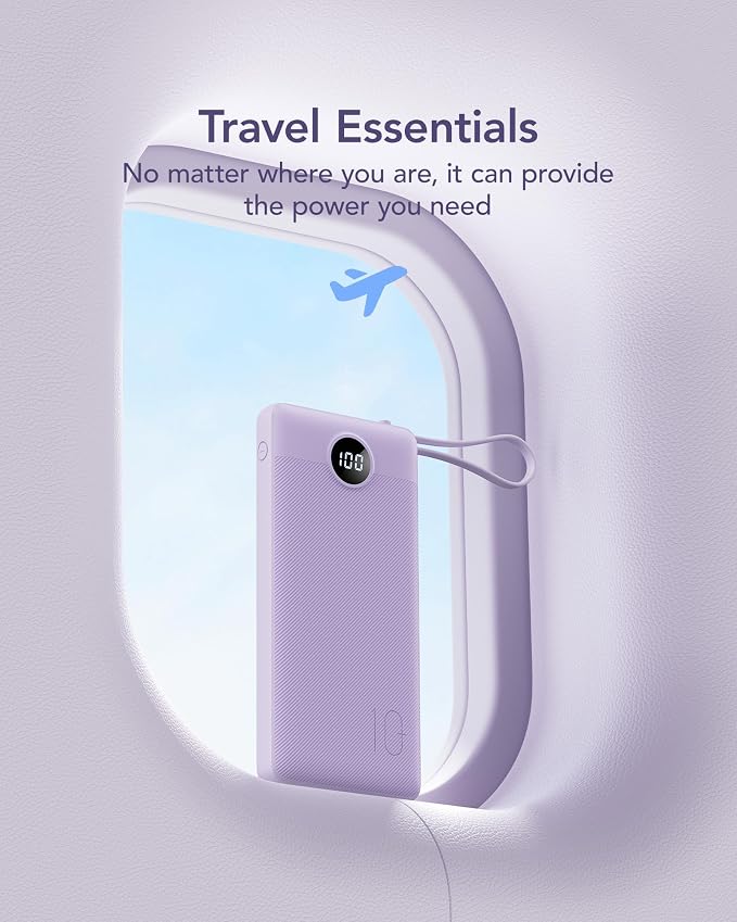 VRURC Portable Charger Power Bank, USB C Battery Pack 10000mAh, Flight-Safe Travel Essentials, 5 Outputs 2 Inputs Slim Phone Charging Bank Built-in Cables for Multi Devices-Lavender(1 Pack) - Image 3