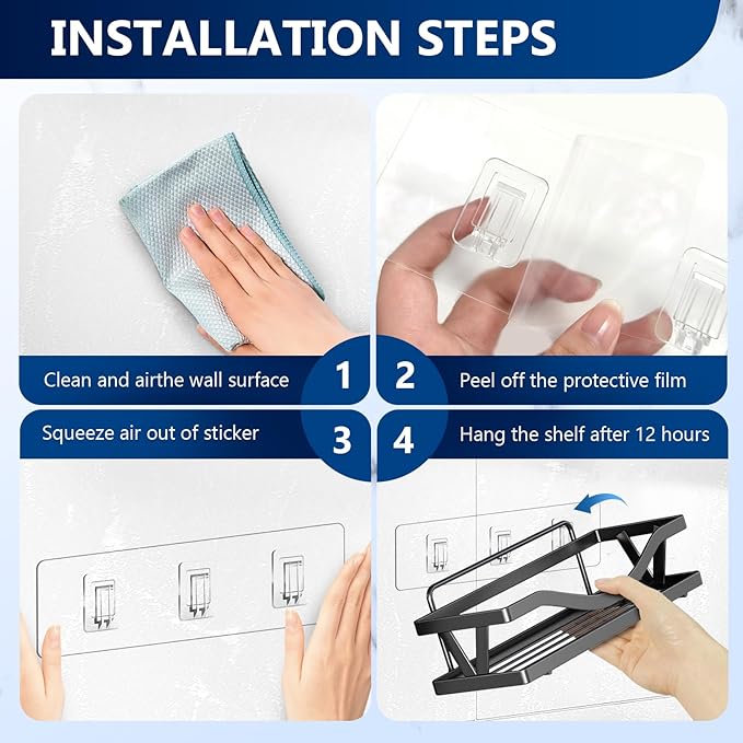 14 Pack Heavy Duty Shower Caddy Adhesive Replacement, 55 LB Hold | Up to 55 LB hold; Waterproof Shower Shelf Adhesive in 3 Hook Styles for Caddies, Shelves, Soap Holders and Racks. - Image 6