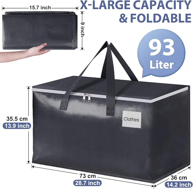 StorageRight Heavy Duty Moving Boxes-Moving Bags with Zipper, Reinforced Handles and Tag Pocket-Collapsible Moving Supplies-Totes for Storage Great for Moving, Storage and Travel 93L(Gray-6 Pack) | Heavy Duty Storage Bins with Lids, Zipper, Reinforced ... - Image 2