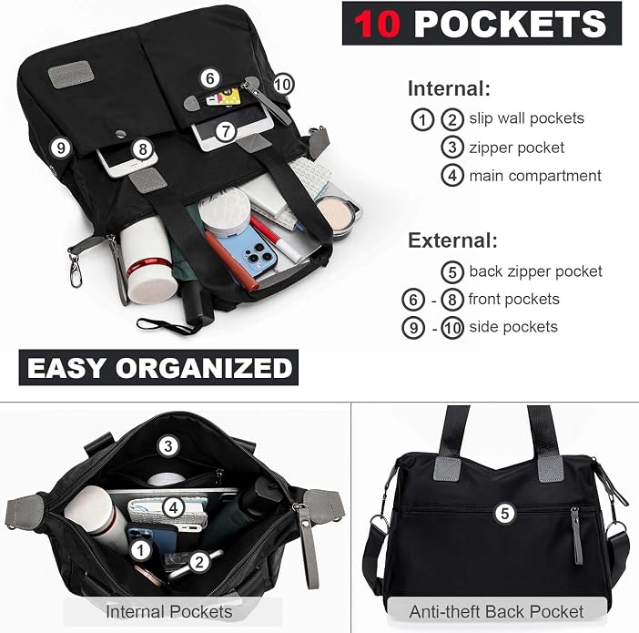 Tote Bag for Women,Multi Pockets Shoulder Handbag,Nurse Bag for Work,Large Cross body Purse,Fashion Nylon Top Handle Satchel - Image 7