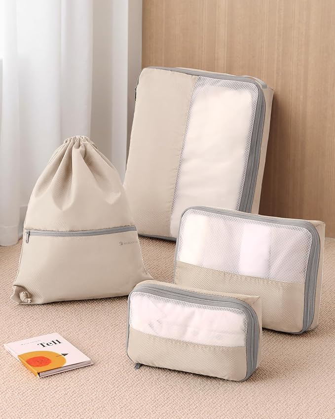 4 Set Compression Packing Cubes for Travel, Bonus Versatile Drawstring Backpack, Lightweight Luggage Organizer Bags, Sturdy Travel Accessories for Suitcase, Beige - Image 6