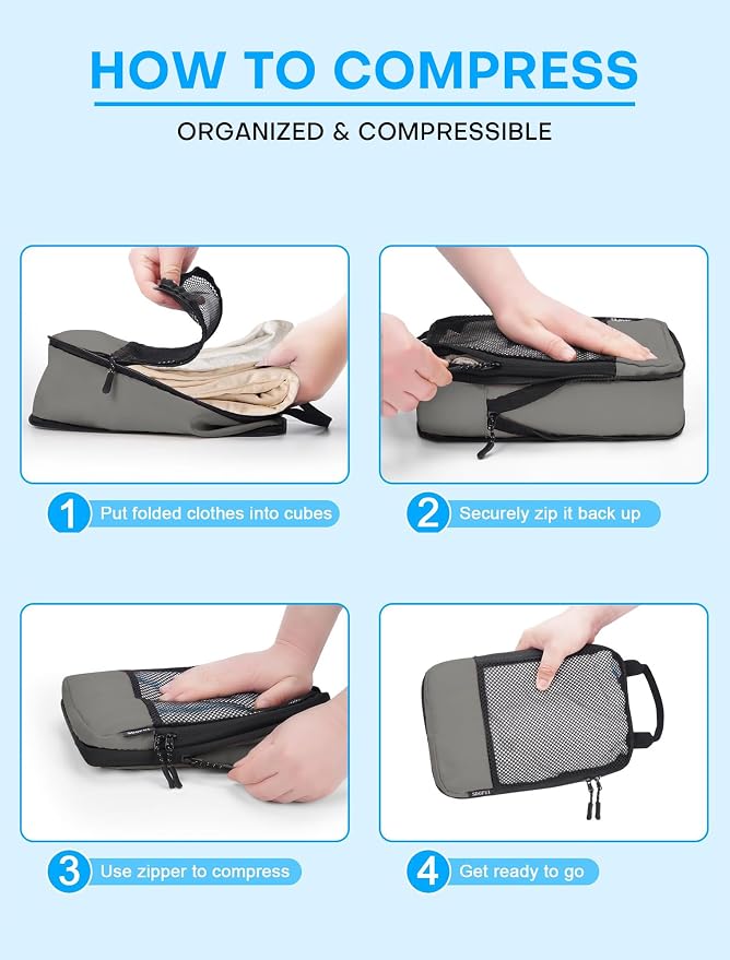 4 PCS Set Compression Packing Cubes for Travel, Lightweight Packaging Organizer Bags for Carry On Space Saving, Travel Essentials Cubes for Suitcase Backpack, Grey - Image 3