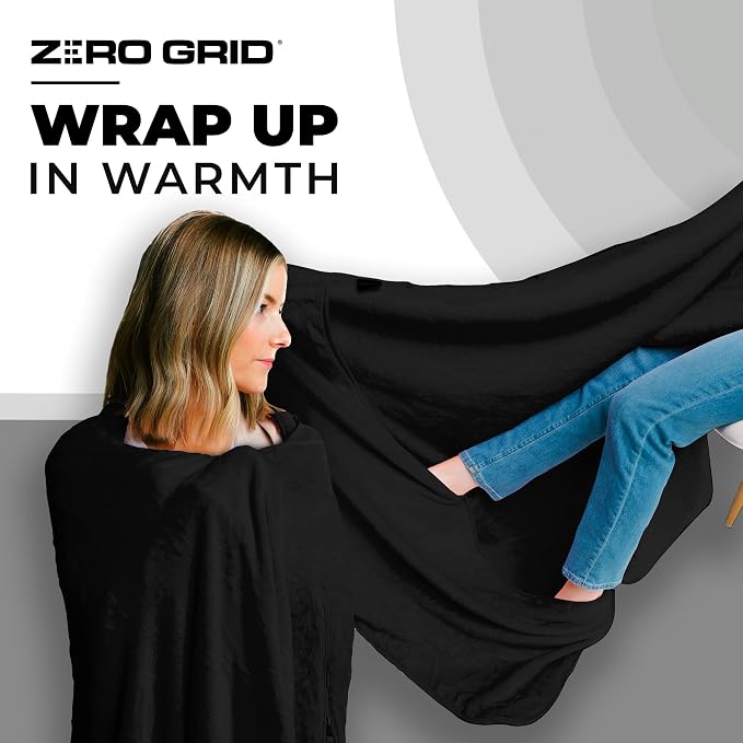 Zero Grid Lightweight Airplane & Travel Blanket with Foot Pockets, Black | Compact Wearable Blanket with Neck Snaps, Zips & Converts to Soft Pillow for Ultimate Comfort - Image 3