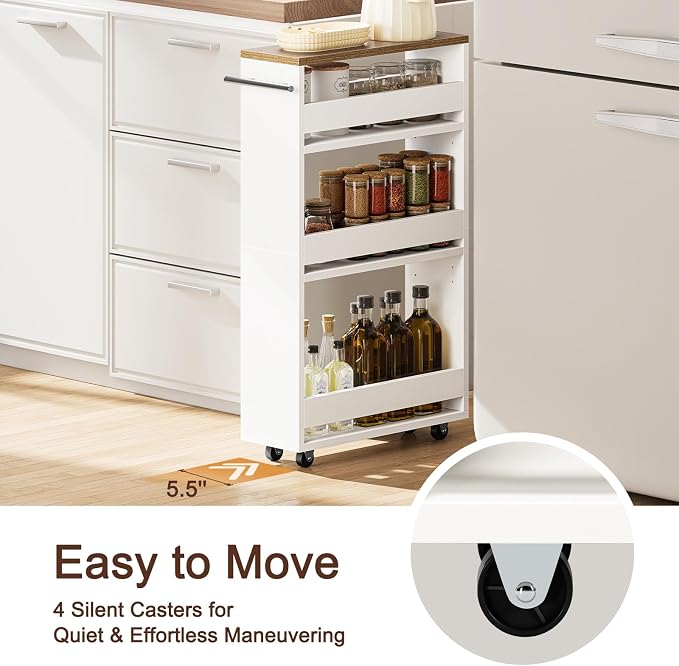 Yoobure 4-Tier Slim Storage Cart - Narrow Rolling Cart on Wheels, Slide Out Utility Carts with Adjustable Shelves, Organizer Trolley with Handle & Flip Top for Kitchen, Bathroom, Laundry, Small Spaces - Image 4