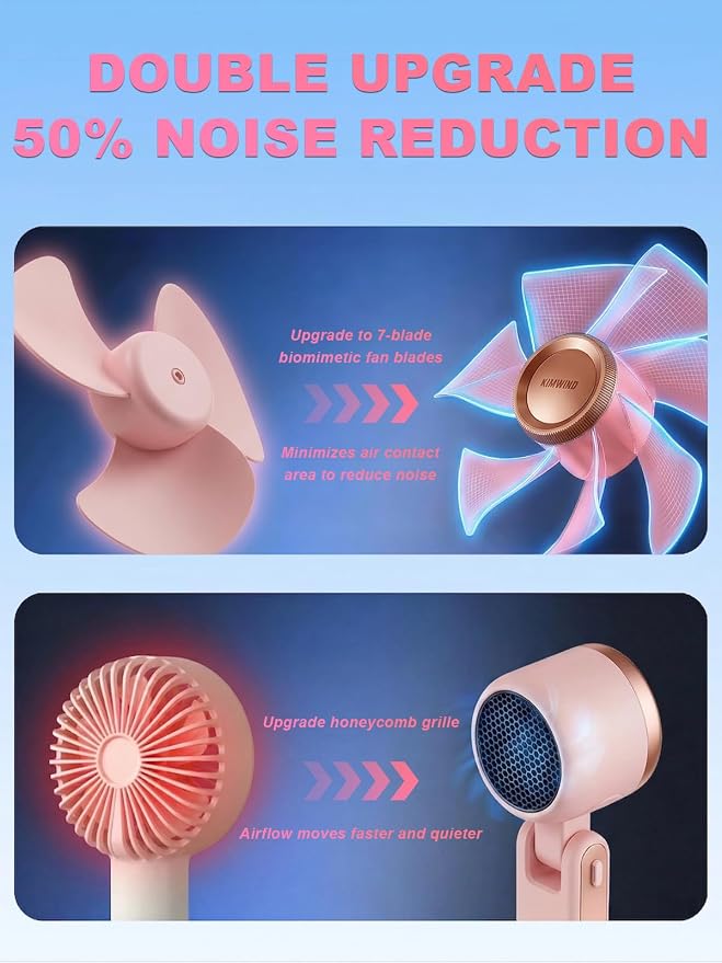 Portable Handheld Turbo Fan, 5 Gear Wind, Battery Operated, Up to 13 Working Hours Rechargeable Fan, 3 IN 1 Hand Fans with Air Turbo Tech Cooling Fan for for Travel, Beach, Outdoor - Pink - Image 6