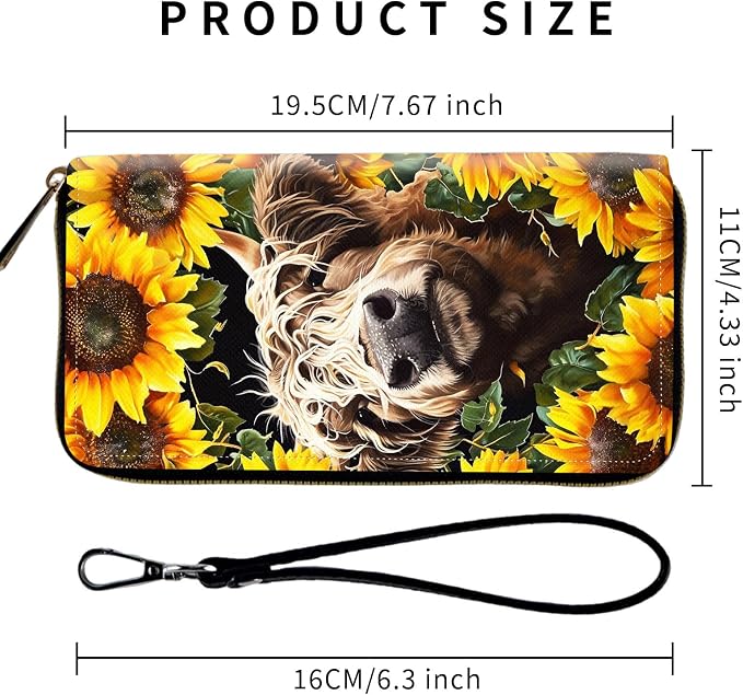 Wallet,Leather Long Wallet Suitable For Ladies And Teenagers - Detachable Wristband + RFID Travel Wallet With Card Slot - Highland Cow Sunflower - Image 2