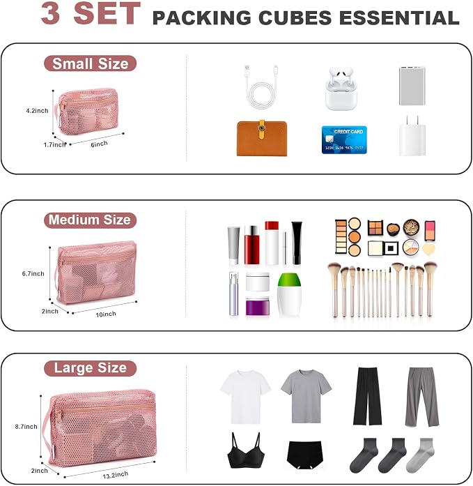 NOL 3-Pack Mesh Travel Toiletry Bags - Clear Zipper Travel Organizer, Airport Carry-On Compliant Reusable Cosmetic Makeup Bag for Women & Men (Dark pink) - Image 2